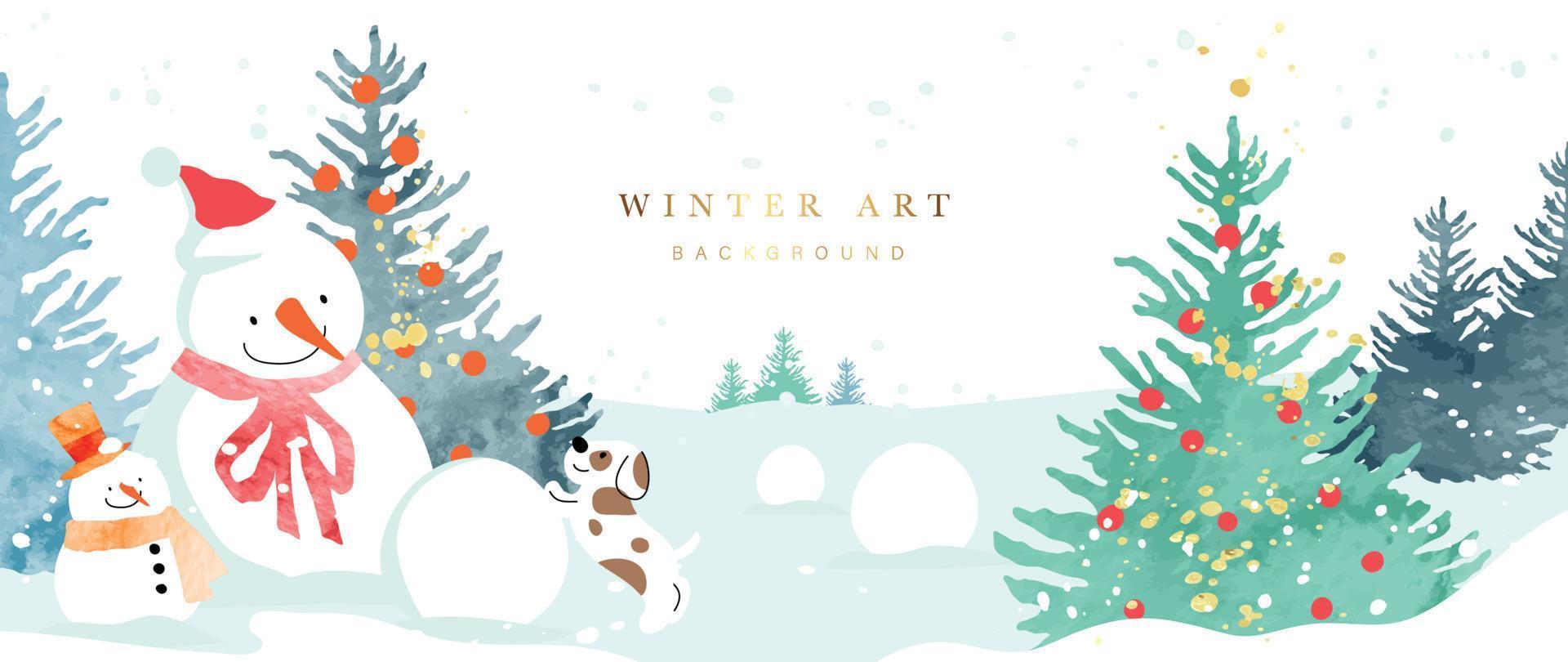 Ilustración de vector de fondo de arte de invierno de lujo. paisaje de invierno acuarela pintado a mano, árboles de navidad decorativos, lindo muñeco de nieve, perro. diseño para impresión, decoración, afiche, papel tapiz, pancarta.