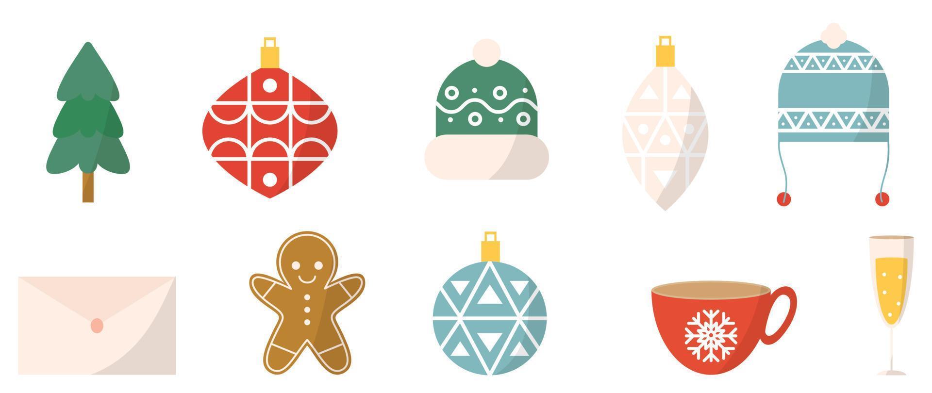 Set of winter vibrant christmas element vector illustration. Collection of christmas tree, bauble ball, knitted hat, letter, gingerbread man. Design for sticker, card, poster, invitation, greeting.