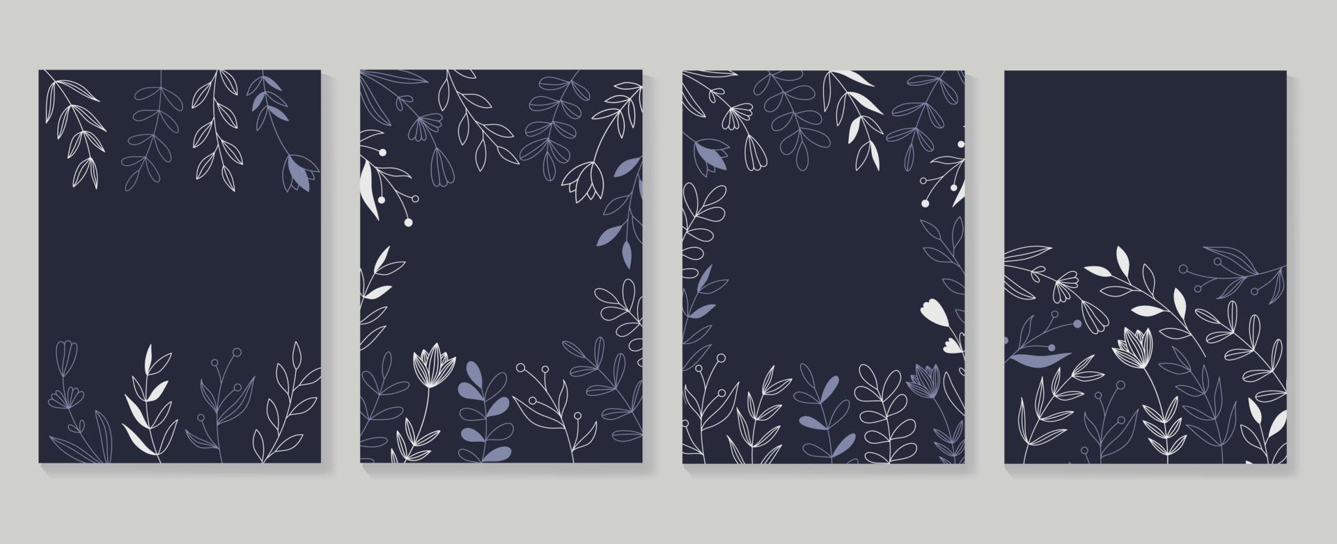 Happy holiday cover template vector set. Botanical floral leaf branch line art frame on dark blue background. Design illustration for invitation card, corporate, greeting, wallpaper, banner, poster.