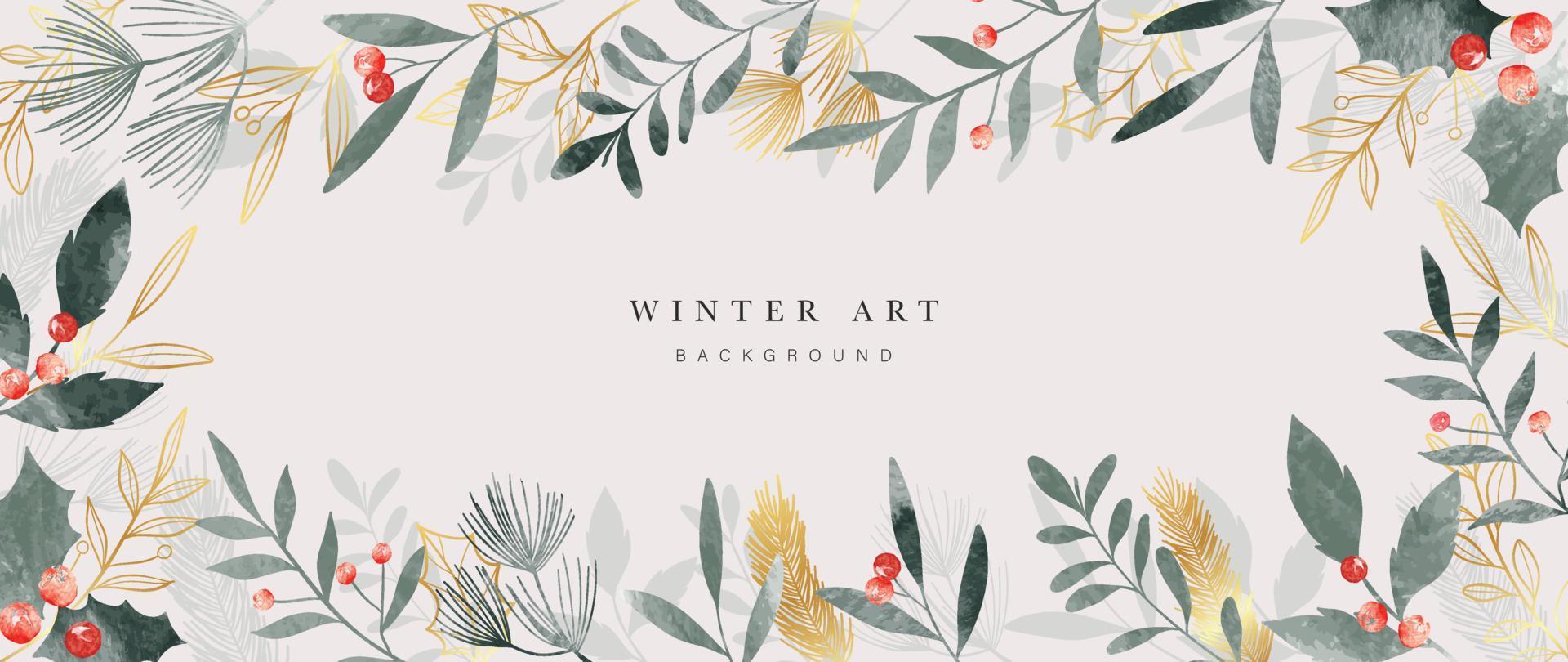 Ilustración de vector de fondo de arte de invierno acuarela. marco de hojas de invierno decorativas pintadas a mano, bayas, acebo, laurel con arte de línea dorada. diseño para impresión, decoración, afiche, papel tapiz, pancarta.