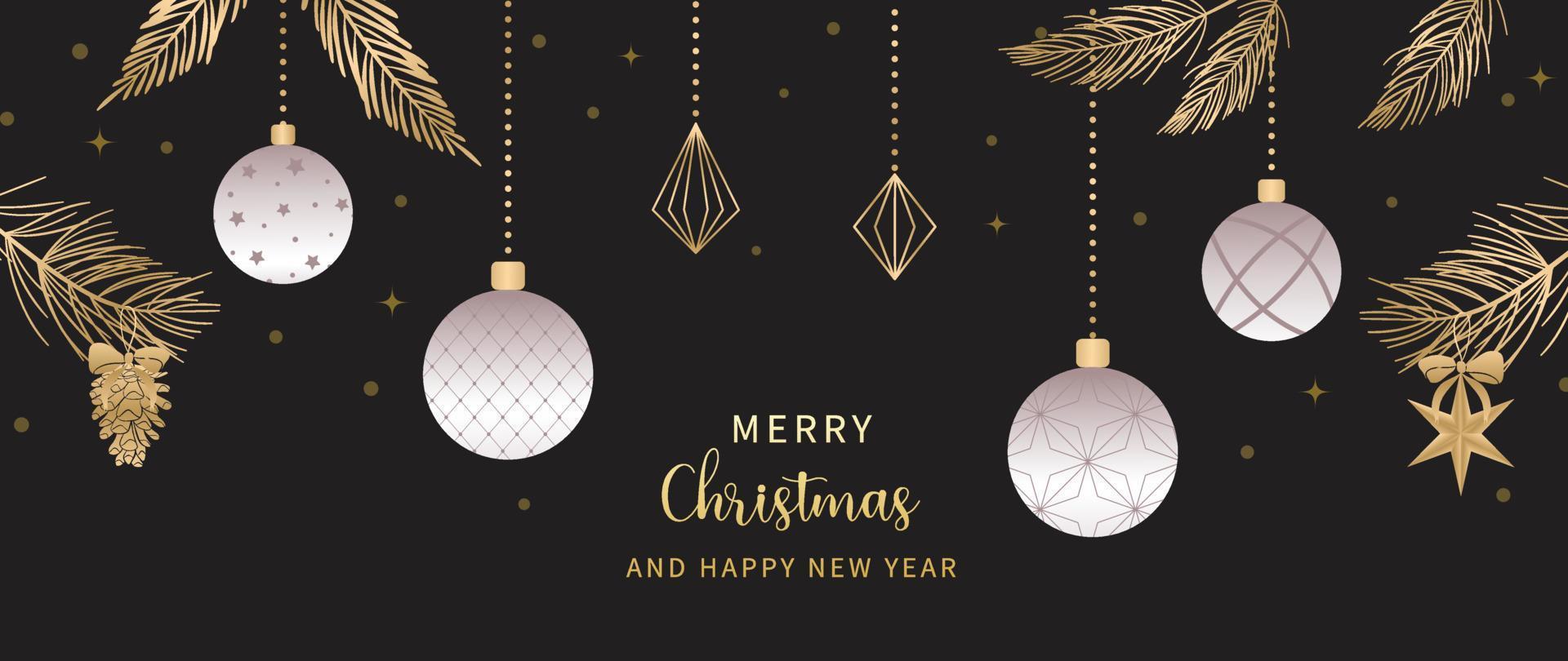 Luxury christmas and happy new year concept background vector. Elegant gradient white hanging bauble balls, gold pine leaves, stars on dark background. Design for wallpaper, card, cover, poster. vector