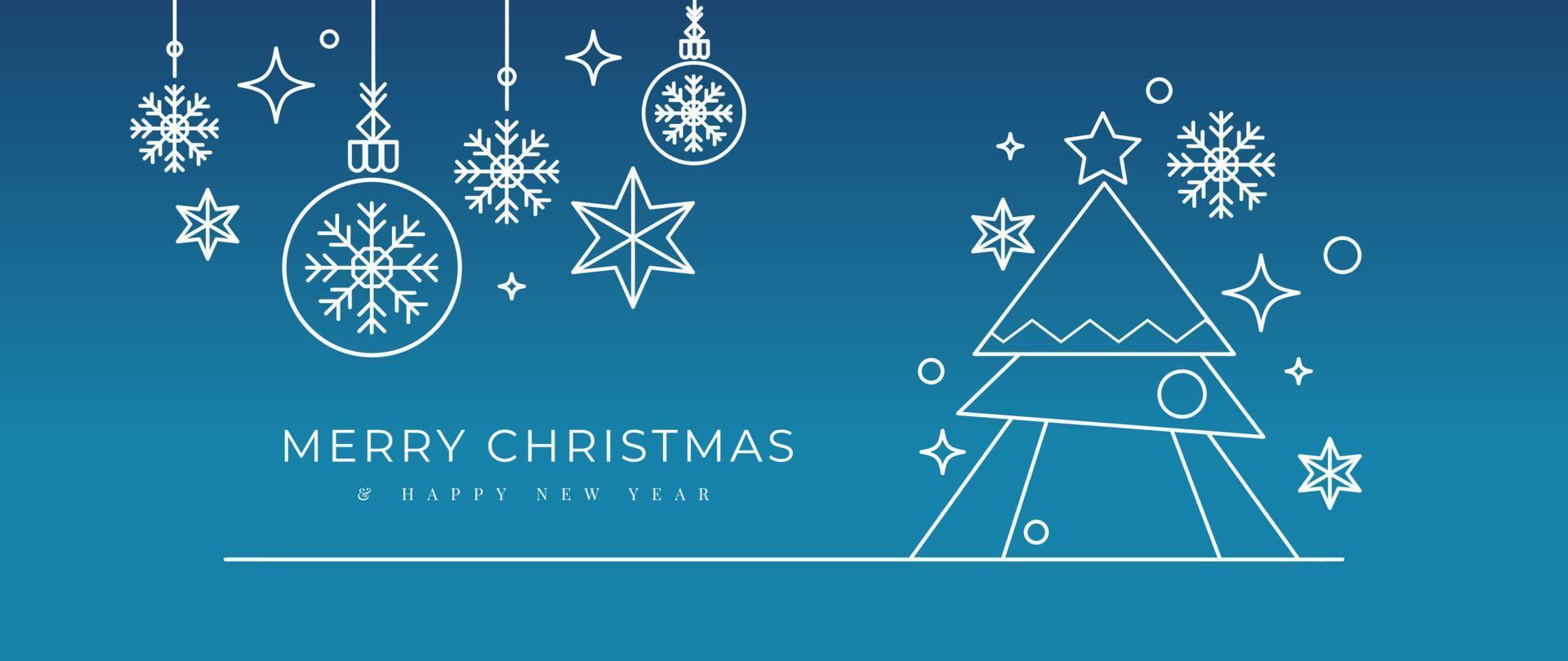 vector de fondo de concepto de navidad y feliz año nuevo. elementos decorativos blancos arte lineal del árbol de navidad, copo de nieve colgante, bola de adorno, brillo, estrella. diseño para papel tapiz, tarjeta, portada, afiche.