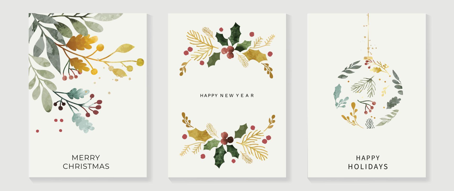 Navidad de lujo y feliz año nuevo conjunto de vectores de plantilla de portada de vacaciones. rama de hoja de invierno acuarela y bola de adorno sobre fondo blanco. diseño para tarjeta, corporativo, saludo, papel tapiz, afiche.