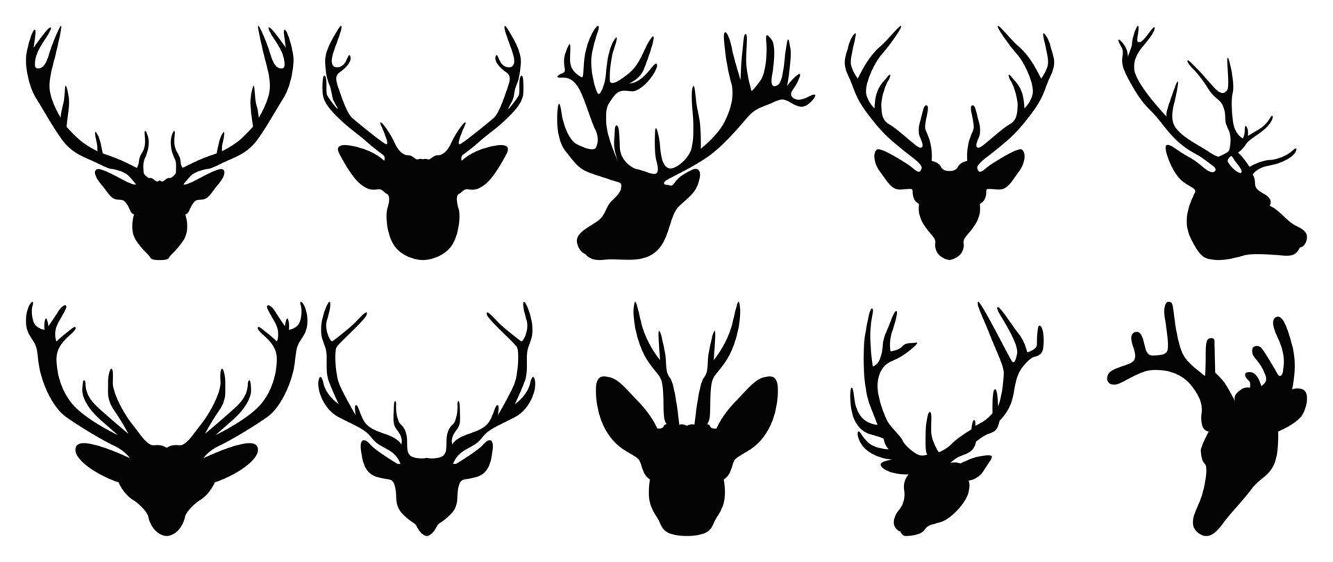 Set of antlers vector illustration. Collection of black deer antlers and horns silhouette isolated on white background. Design suitable for sticker, card, comic, print, poster, logo, decoration.