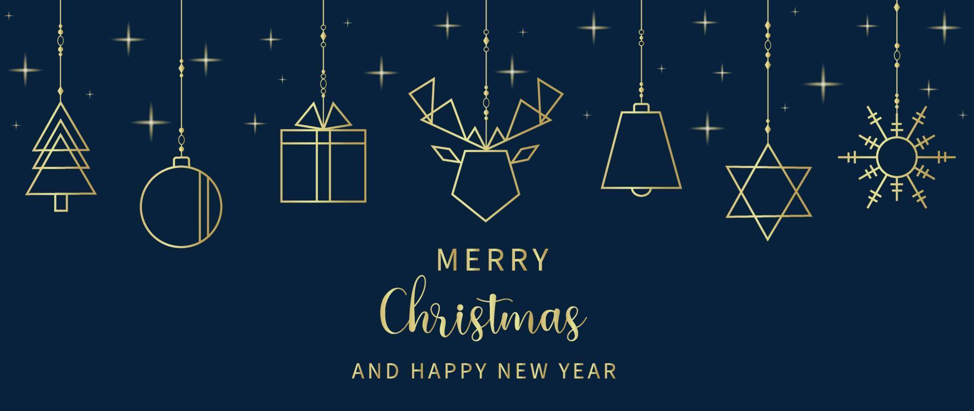 Luxury christmas and happy new year background vector. Elegant hanging geometric gold line art christmas tree, reindeer, snowflake on dark blue background. Design for wallpaper, card, cover, poster. vector