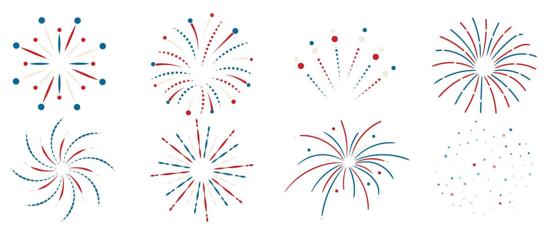 Set of new year firework vector illustration. Collection of blue and red fireworks, star burst on white background. Art design suitable for decoration, print, poster, banner, wallpaper, card, cover.