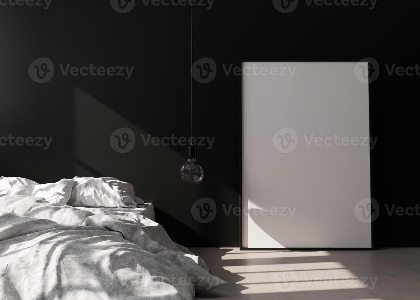 marco de imagen vertical vacío sobre suelo de hormigón en un dormitorio moderno. interior simulado en estilo minimalista y contemporáneo. espacio libre para imagen o póster. cama, lámpara colgante. representación 3d foto