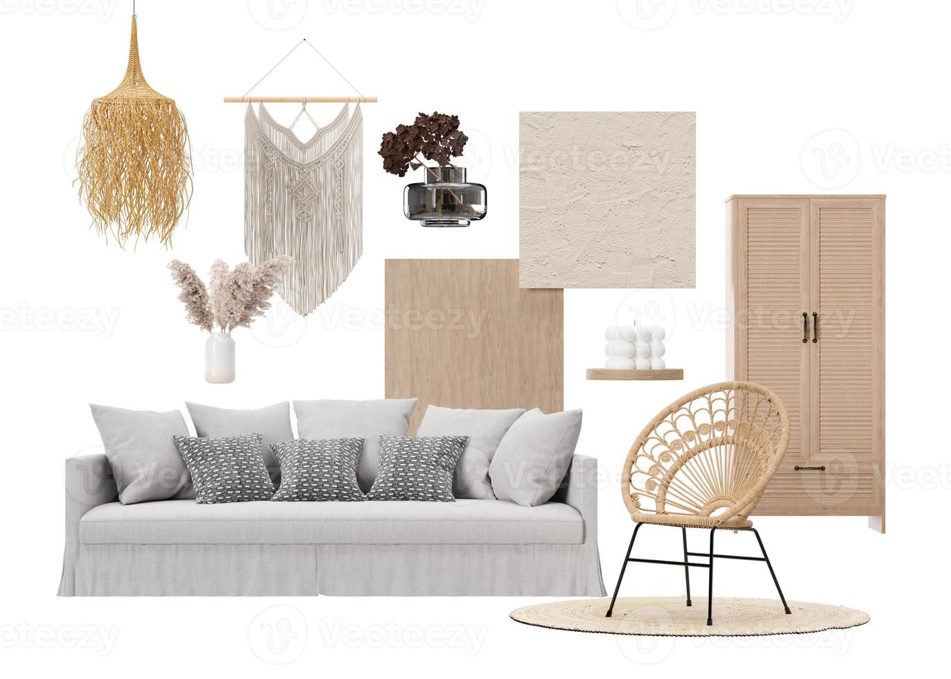 moodboard de diseño de interiores con muebles de salón modernos aislados, accesorios para el hogar, materiales. muebleria, detalles interiores. proyecto de interiores. estilo boho, tablero de humor, collage. representación 3d foto