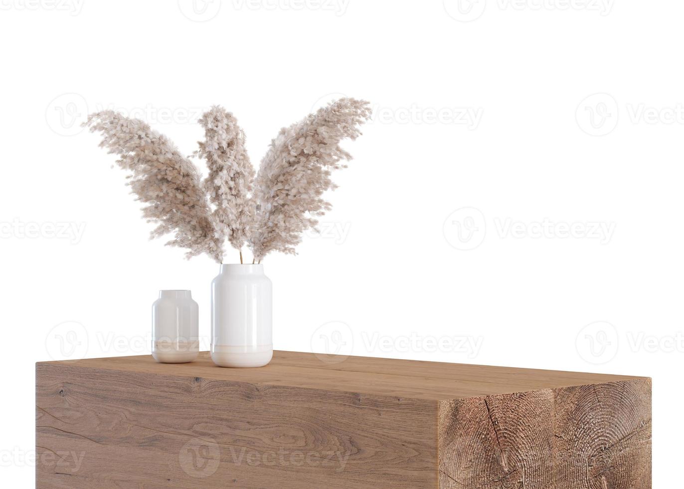 Modern, wooden table with pampas grass isolated on white background. Side view. Cut out furniture. Contemporary interior design element. Copy space for your object, product presentation. 3D render. photo