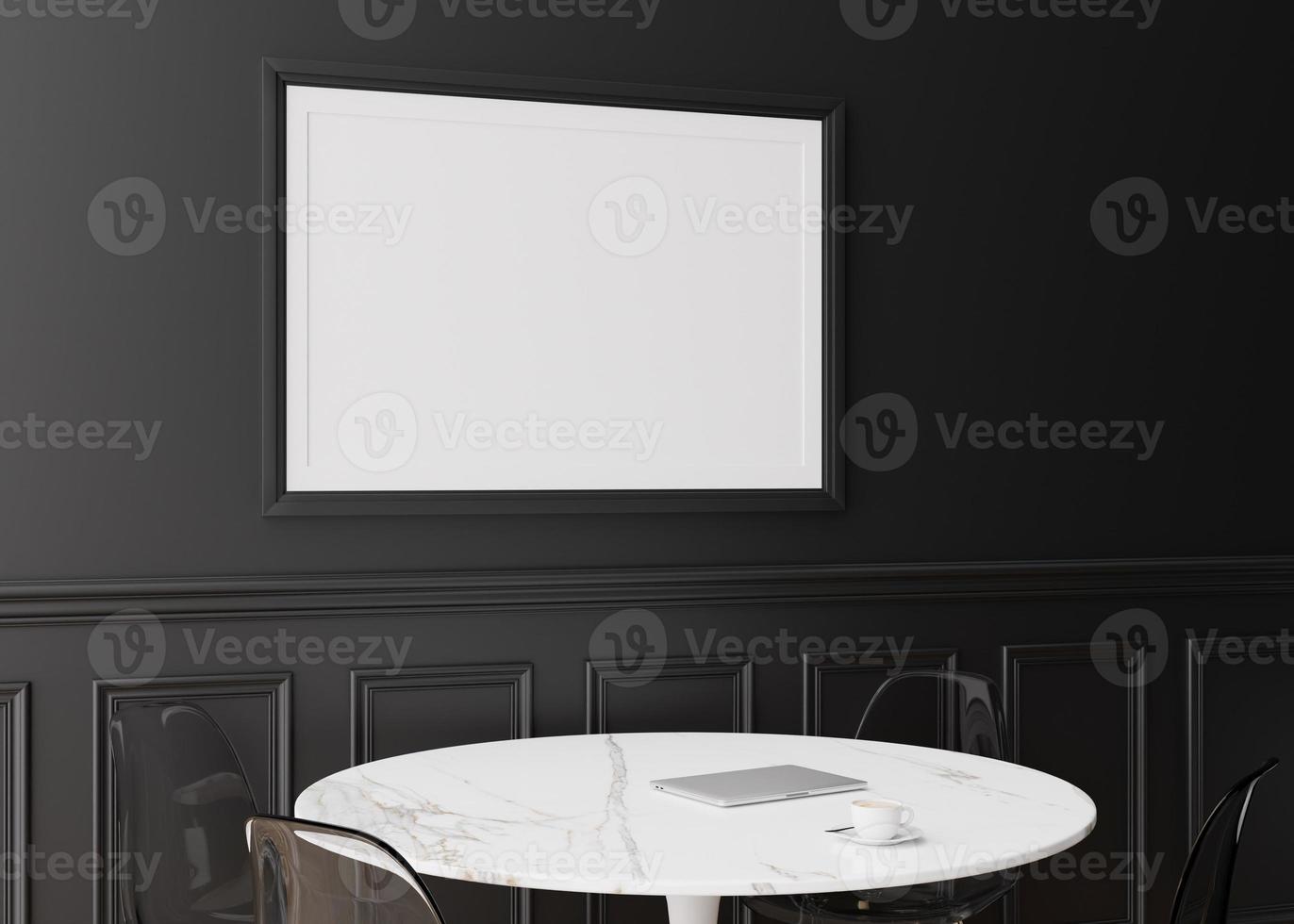 Empty picture frame on black wall in modern dining room. Mock up interior in classic style. Free space, copy space for your picture, text, or another design. Table, chairs. 3D rendering. photo