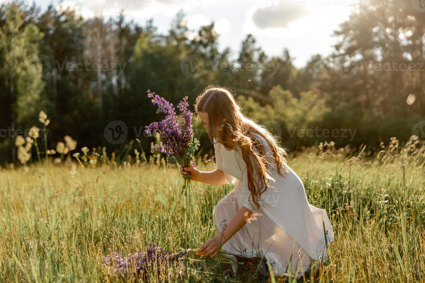 Young beautiful woman, wearing white dress, holding flowers on the meadow. Girl joying nature and freedom. Natural beauty. Stress free, dreaming. Sunset. photo