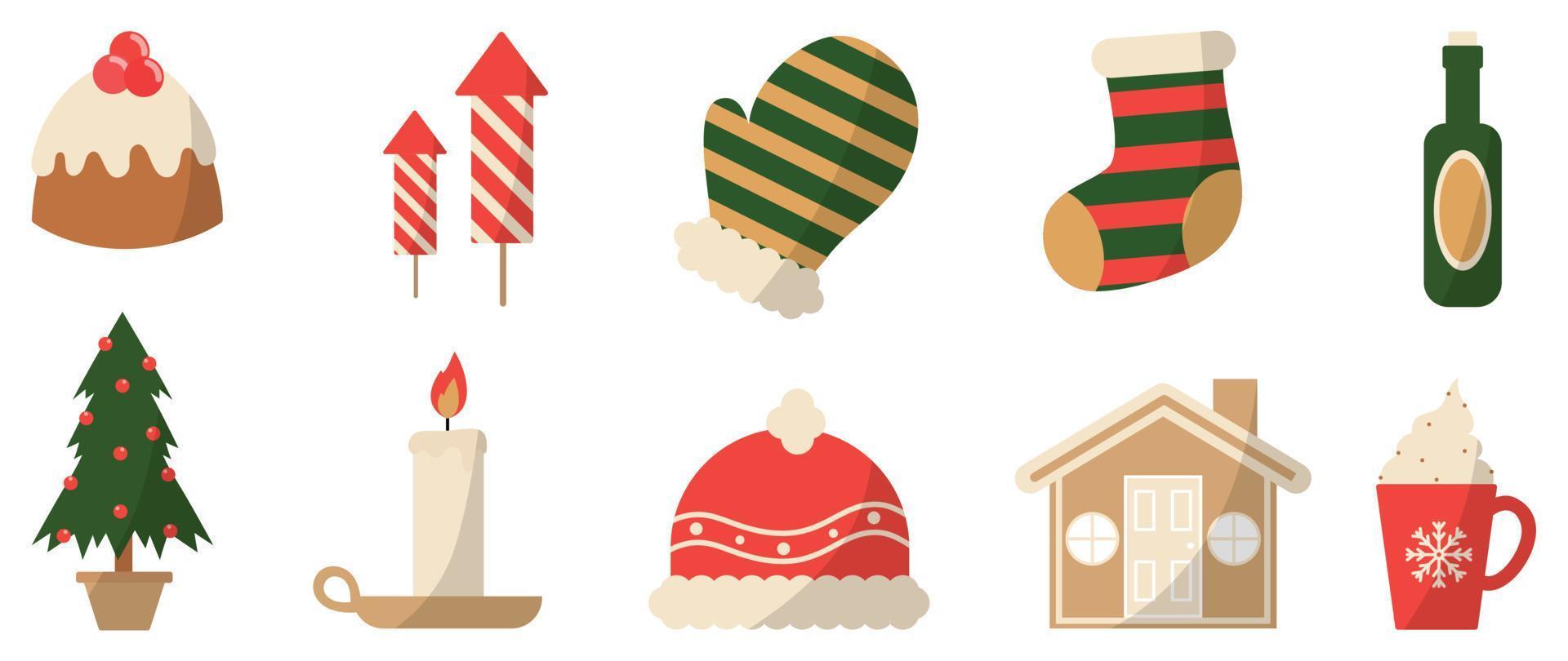 Set of winter vibrant christmas element vector illustration. Collection of christmas tree, cake, candle, glove, sock, house, winter hat, bottle. Design for sticker, card, poster, invitation, greeting.
