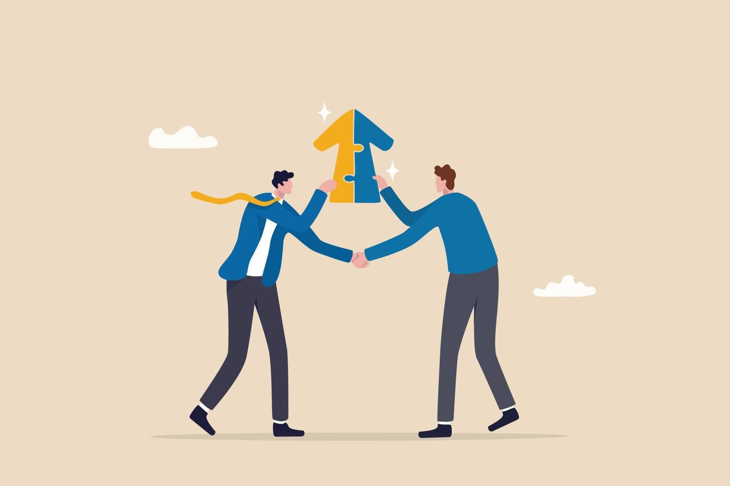 Joint venture business partnership agree to share resource and work together to achieve same goal, merge or acquisition, cooperation concept, businessman handshake connect growth arrow jigsaw puzzle. vector