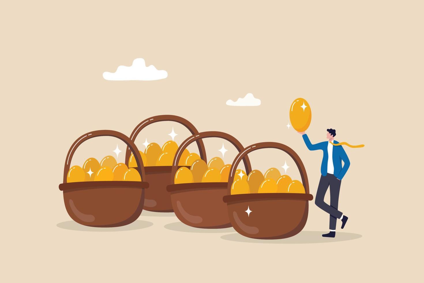 Diversification, investment portfolio strategy to reduce risk and maximize return, earning and profit, asset allocation concept, businessman holding golden eggs diversify by putting in many baskets. vector