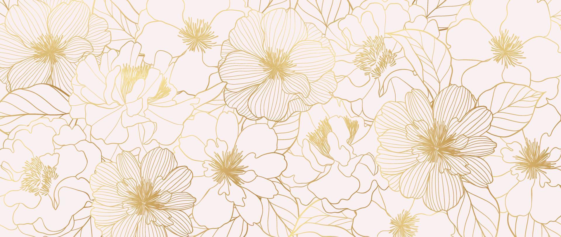 Luxury golden wild flower line art background vector. Natural botanical elegant flower with gold line art. Design illustration for decoration, wall decor, wallpaper, cover, banner, poster, card. vector