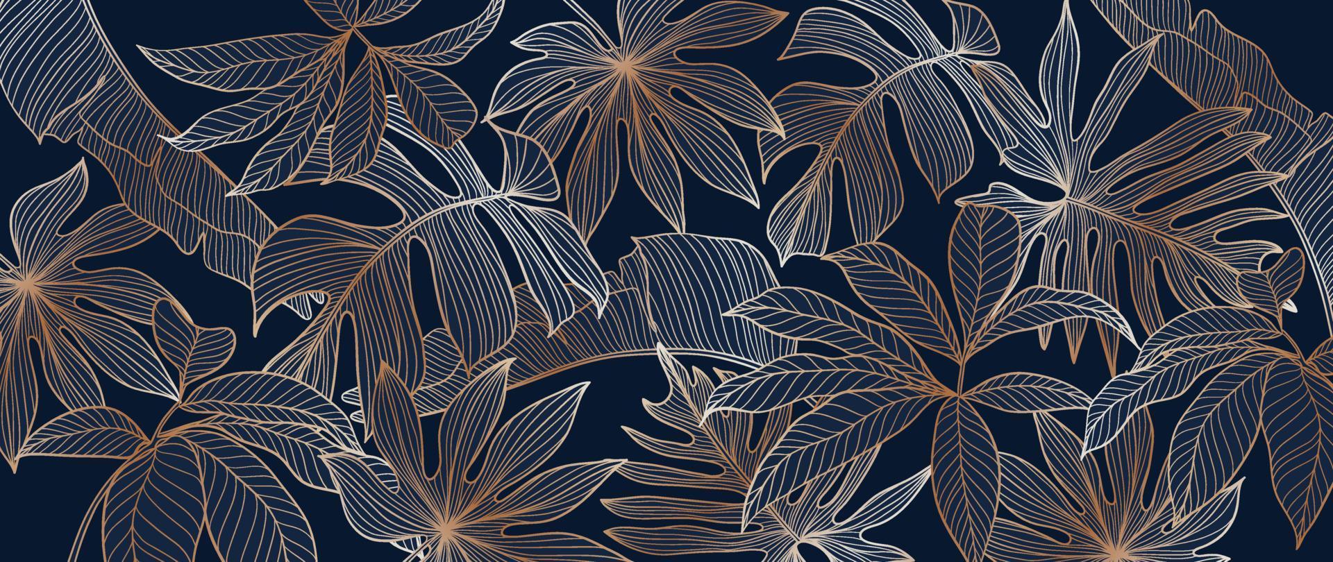 Luxury golden leaves line art background vector. Natural tropical leaf gold line art on dark background. Design illustration for decoration, wall decor, wallpaper, cover, banner, poster, card. vector