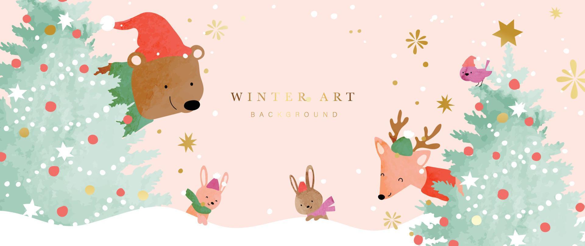 Ilustración de vector de fondo de arte de invierno de lujo. Acuarela decorativa pintada a mano lindo oso, ciervo, conejo y pájaro con árboles de Navidad. diseño para impresión, decoración, afiche, papel tapiz, pancarta.