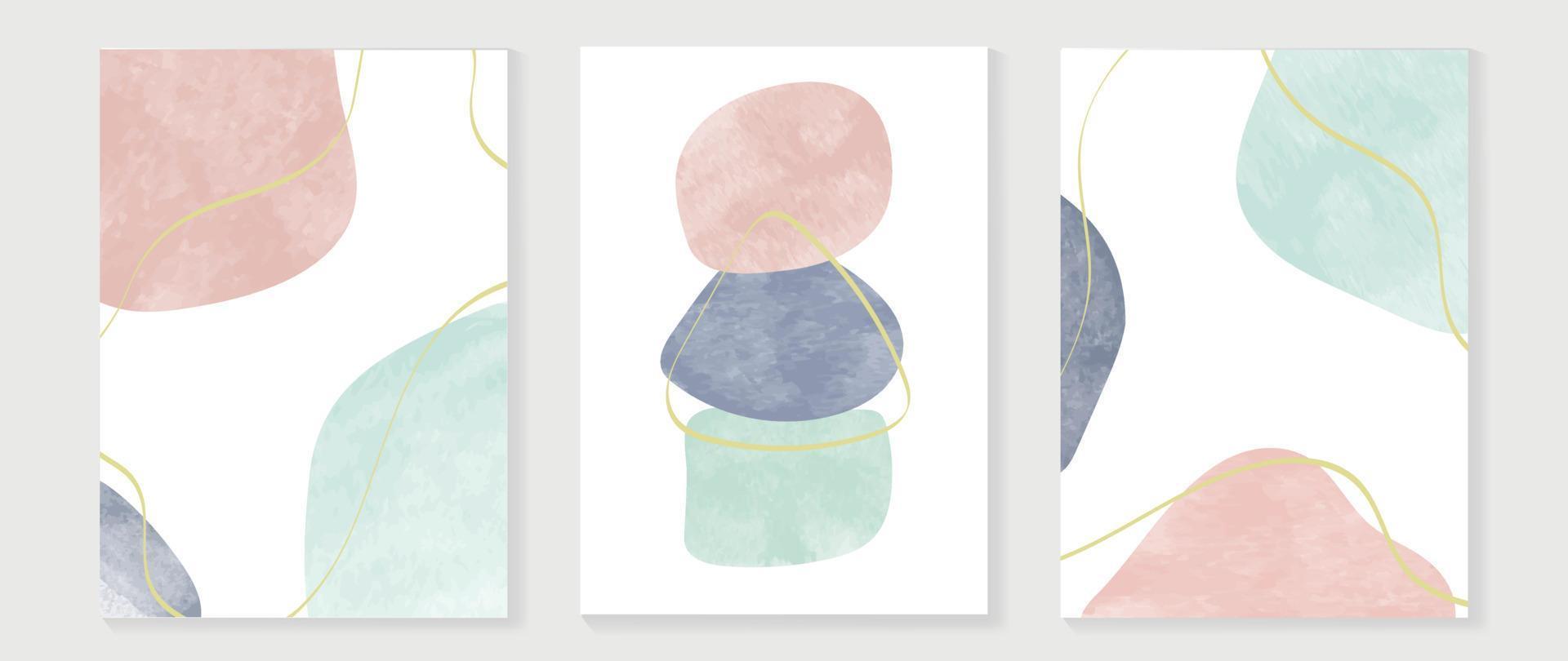 Minimal abstract wall art set vector. Watercolor abstract organic shapes with gold line art background. Design illustration for print, wall decor, home decoration, poster, wallpaper, banner. vector