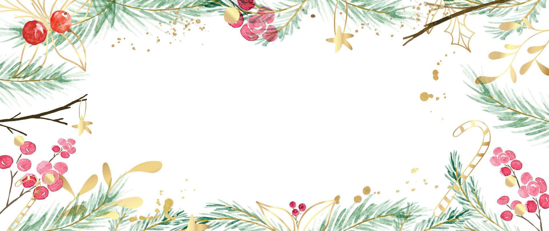 Watercolor winter art background vector illustration. Hand painted decorative winter leaf branch, berry, pine leaves, gold star, candy cane. Design for print, decoration, poster, wallpaper, banner.