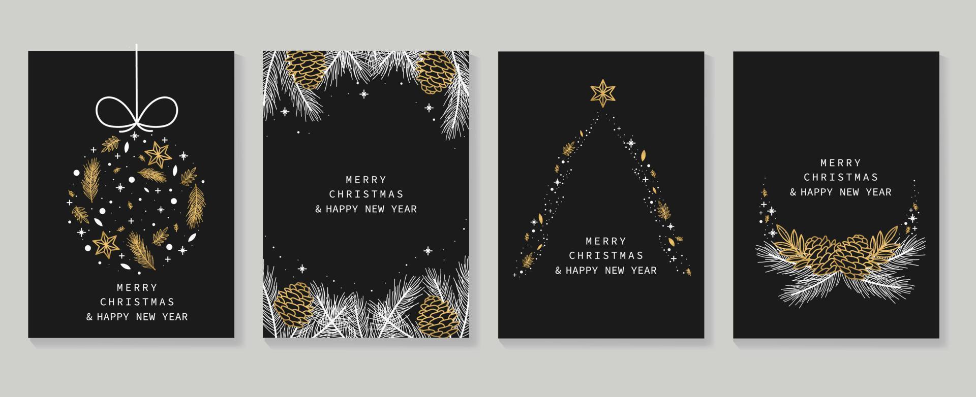 Luxury christmas and happy new year holiday cover template vector set. Decorative glittering gold white pine leaves and pine cone. Design illustration for card, corporate, greeting, wallpaper, poster.