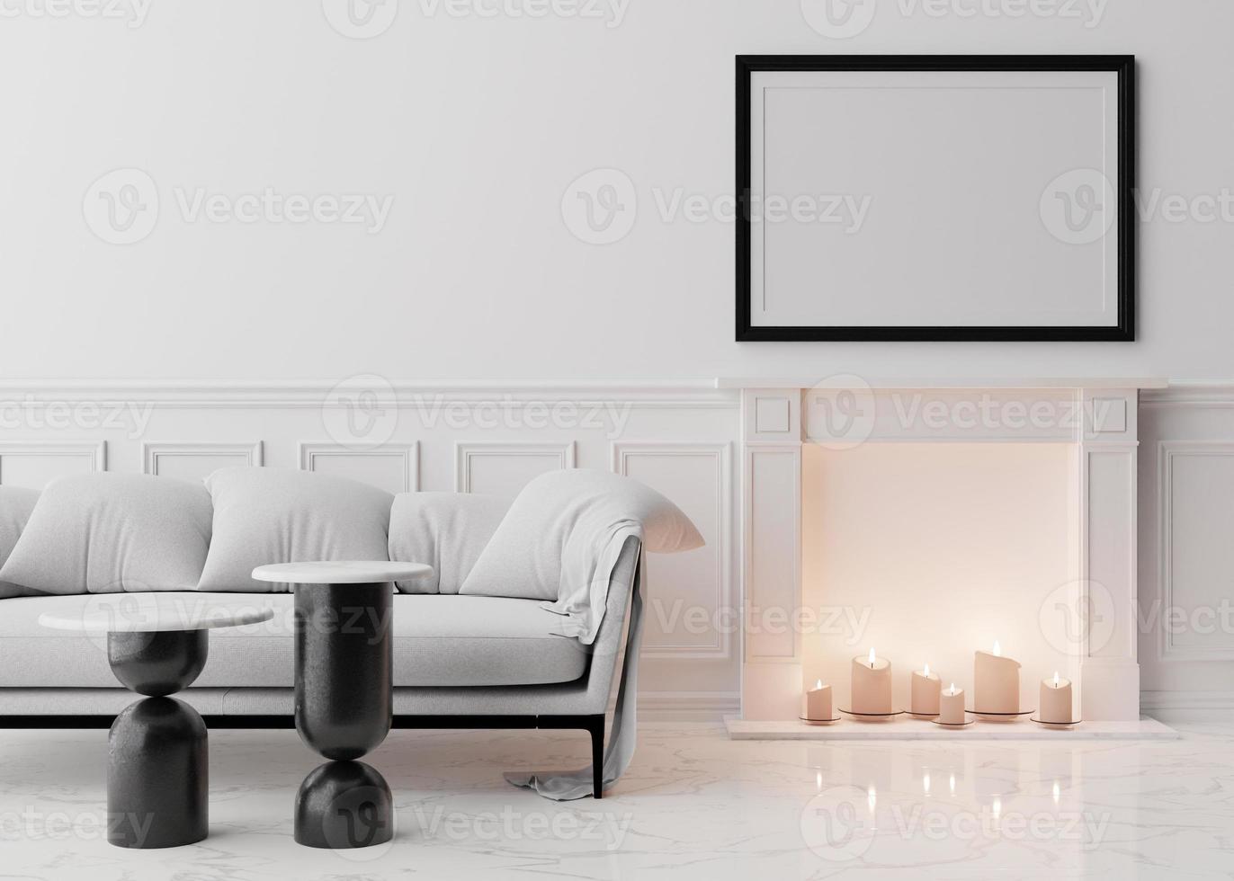 Empty black picture frame on white wall in modern living room. Mock up interior in classic style. Free space, copy space for your picture. White sofa, tables, fireplace with candles. 3D rendering. photo