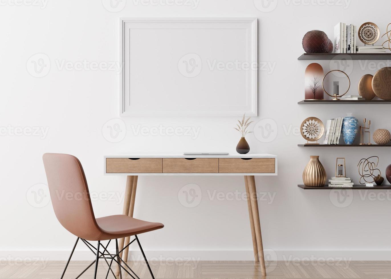 Empty picture frame on white wall in modern home office. Mock up interior in scandinavian style. Free space, copy space for your picture, text, or another design. Desk, chair, parquet. 3D rendering. photo