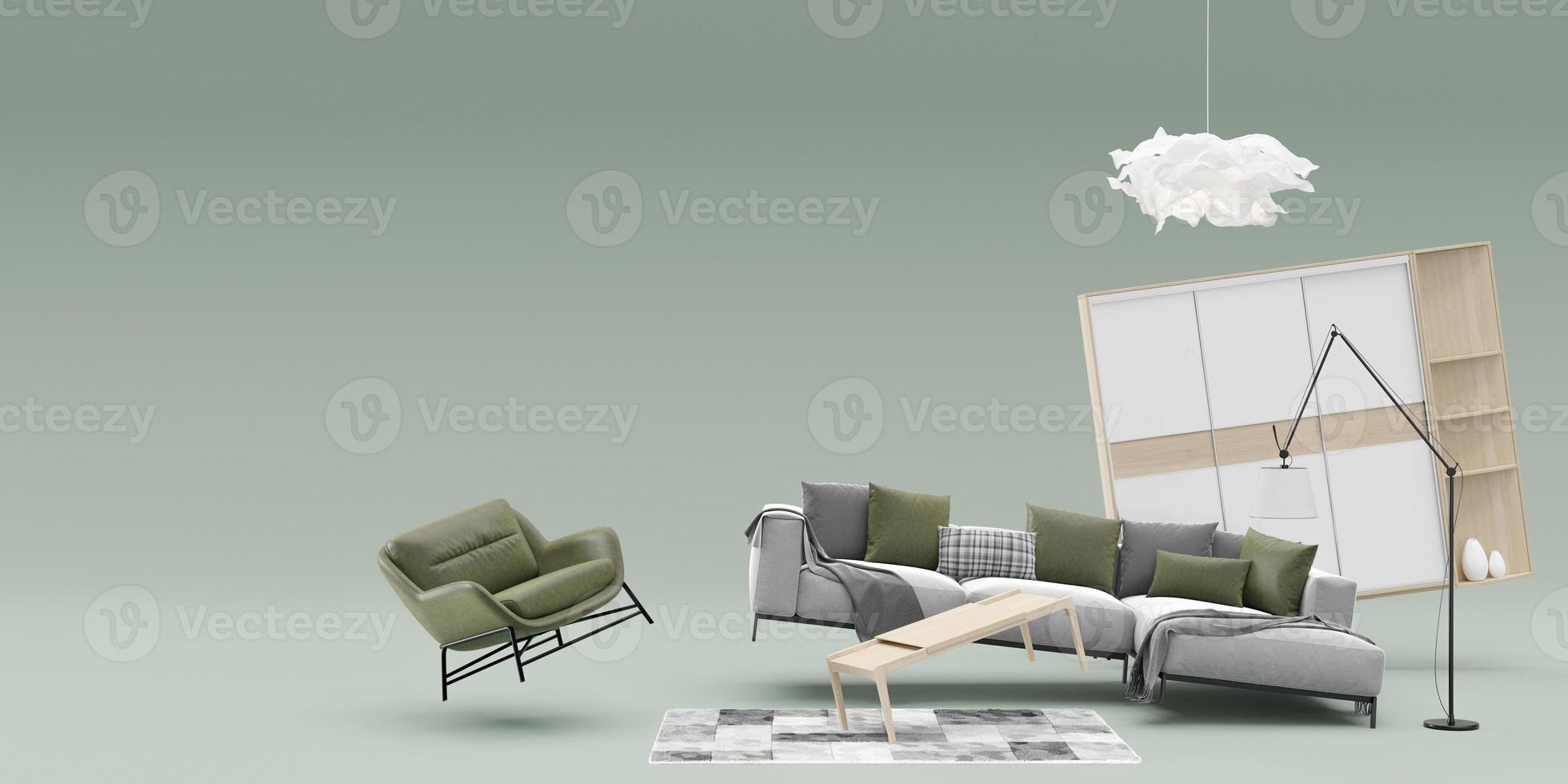 banner con muebles modernos y espacio para copiar el texto o el logotipo de su anuncio. tienda de muebles, detalles de interior. venta de muebles o concepto de proyecto de interior. plantilla con espacio libre. representación 3d foto