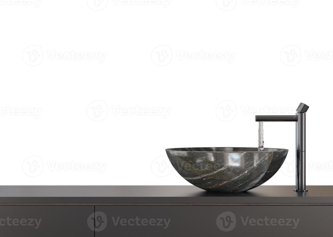 Washbasin mit faucet and cabinet isolated on white background. Front view. Cut out bathroom furniture. Modern sink. Modern interior design element. Cleanliness, washing, routine. Copy space. 3D render photo