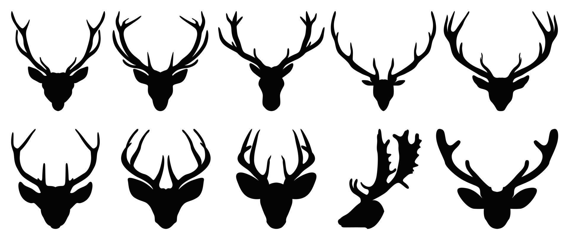 Set of antlers vector illustration. Collection of black deer antlers and horns silhouette isolated on white background. Design suitable for sticker, card, comic, print, poster, logo, decoration.