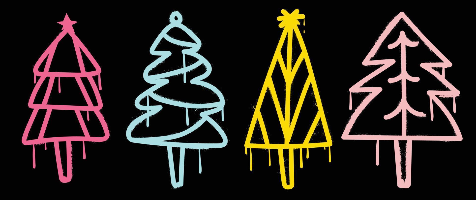 Set of christmas elements spray paint vector. Graffiti, grunge, glowing elements of spray paint christmas trees, ink flow on black background. Design illustration for decoration, card, sticker. vector