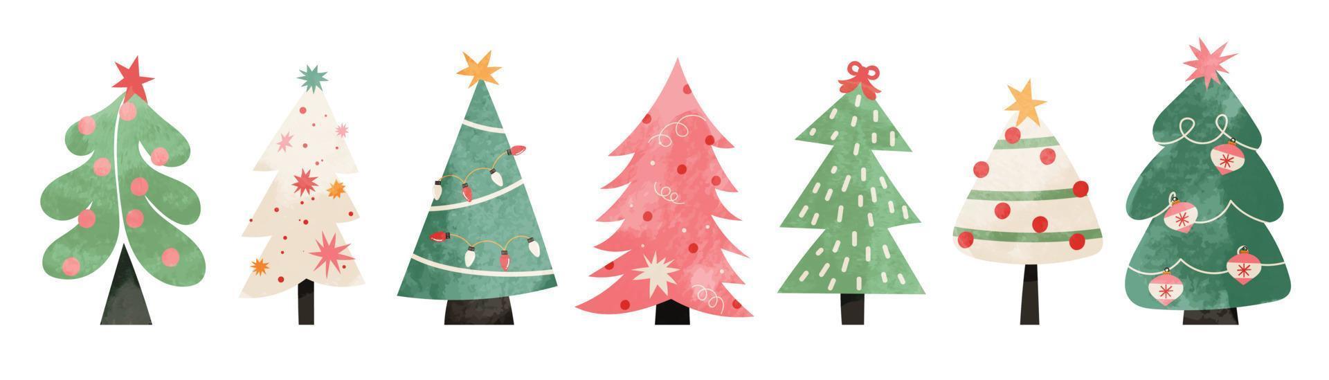 Set of watercolor christmas tree vector illustration. Collection of hand drawn cute decorative christmas trees isolated on white background. Design for sticker, decoration, card, poster, artwork.