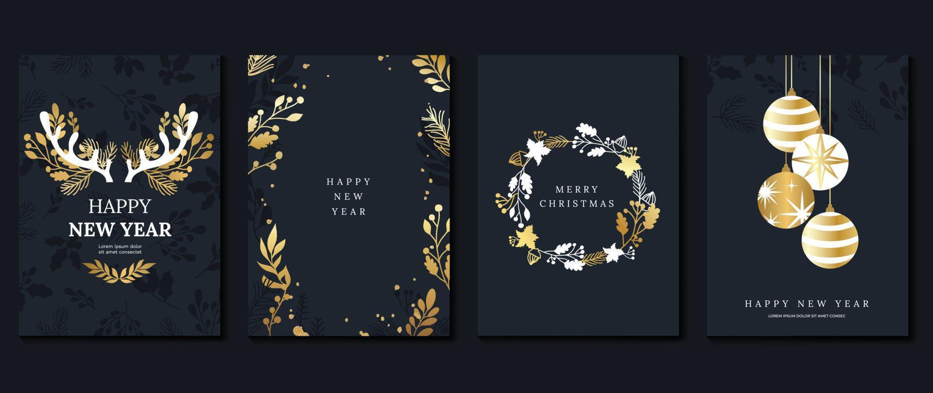 Luxury christmas and happy new year holiday cover template vector set. Decorative gradient gold winter leaf, bauble ball, antler. Design illustration for card, corporate, greeting, wallpaper, poster.