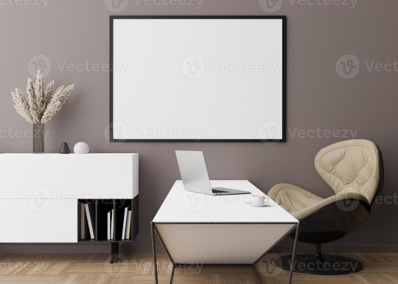 Empty horizontal picture frame on brown wall in modern room. Mock up interior in contemporary style. Free space, copy space for your picture, poster. Desk, console, lamp, parquet floor. 3D rendering. photo