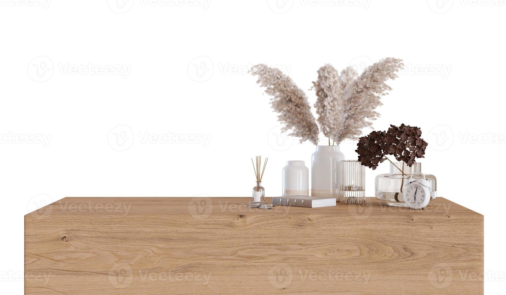 Modern, wooden table with pampas grass isolated on white background. Front view. Cut out furniture. Contemporary interior design element. Copy space for your object, product presentation. 3D render. photo