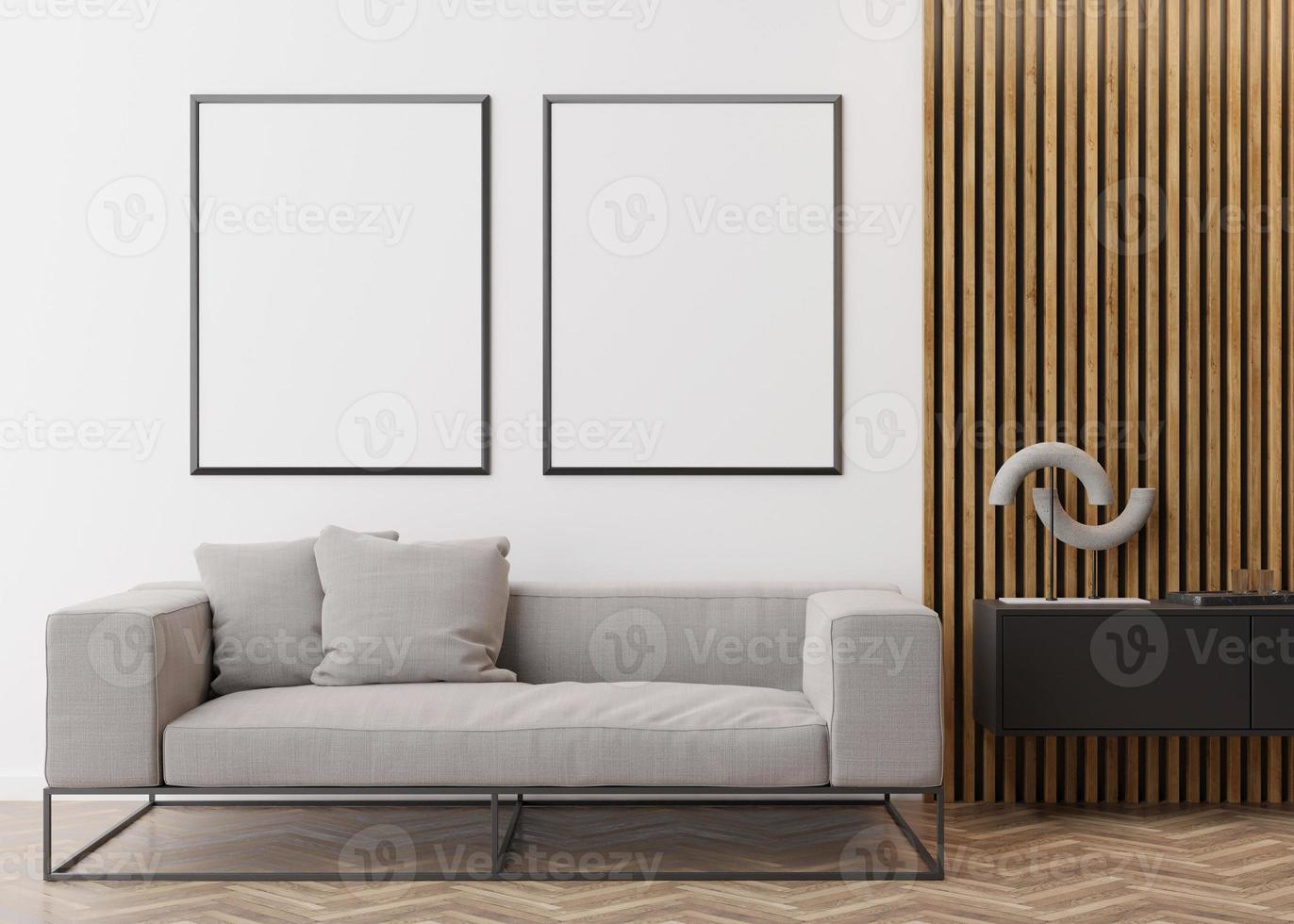 Two empty vertical picture frames on white wall in modern living room. Mock up interior in contemporary style. Free space for picture, poster. Sofa, console, sculpture, parquet floor. 3D rendering. photo