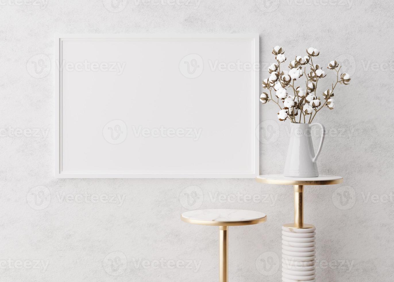 Empty horizontal picture frame on white wall. Mock up interior in minimalist, contemporary style. Free, copy space for your picture, poster. Marble tables, cotton plant. 3D rendering. photo