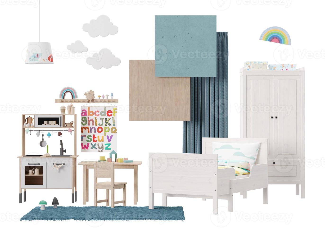 Interior design mood board with isolated modern childs room furniture, home accessories, materials. Furniture store, details. Interior project for kids room. Contemporary style, collage. 3d render. photo