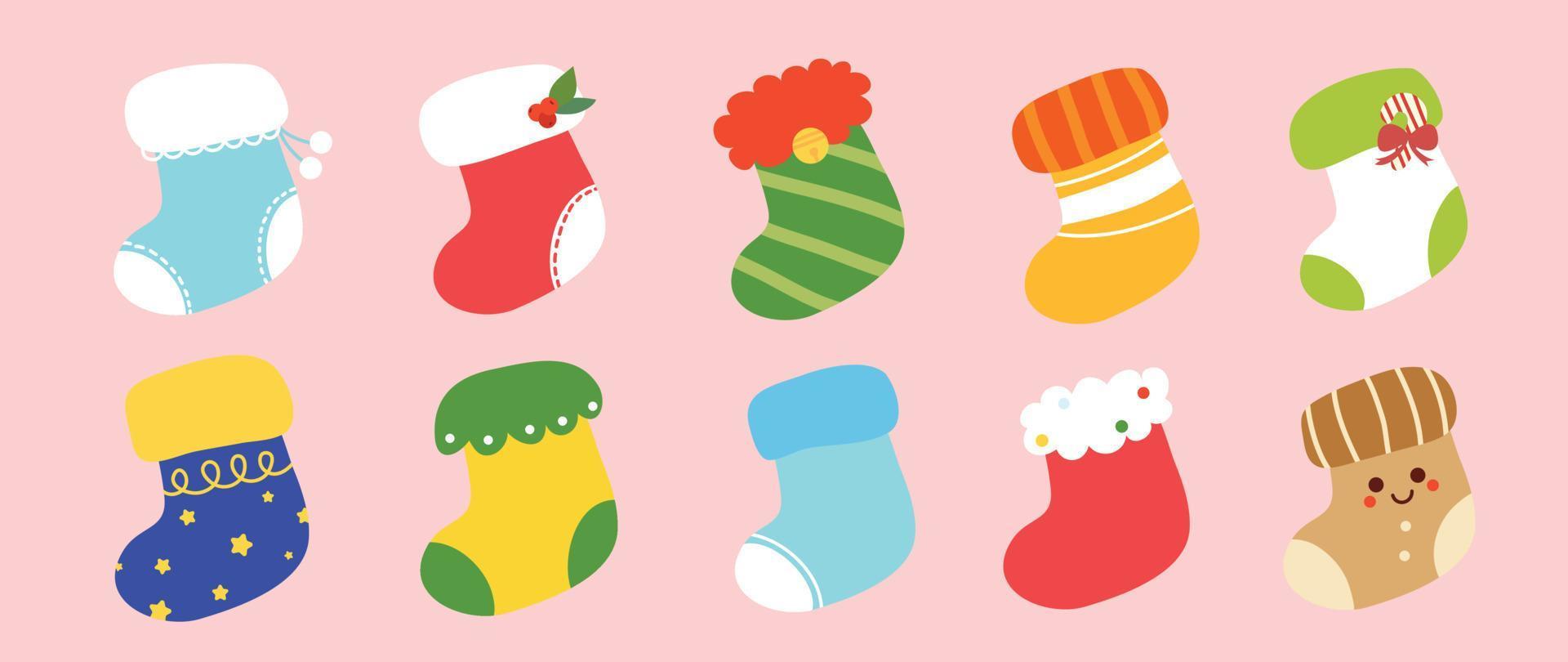 Set of christmas socks background vector illustration. Collection of decorative cute vibrant knitted socks in different style. Design for christmas decoration, invitation card, greeting, poster.