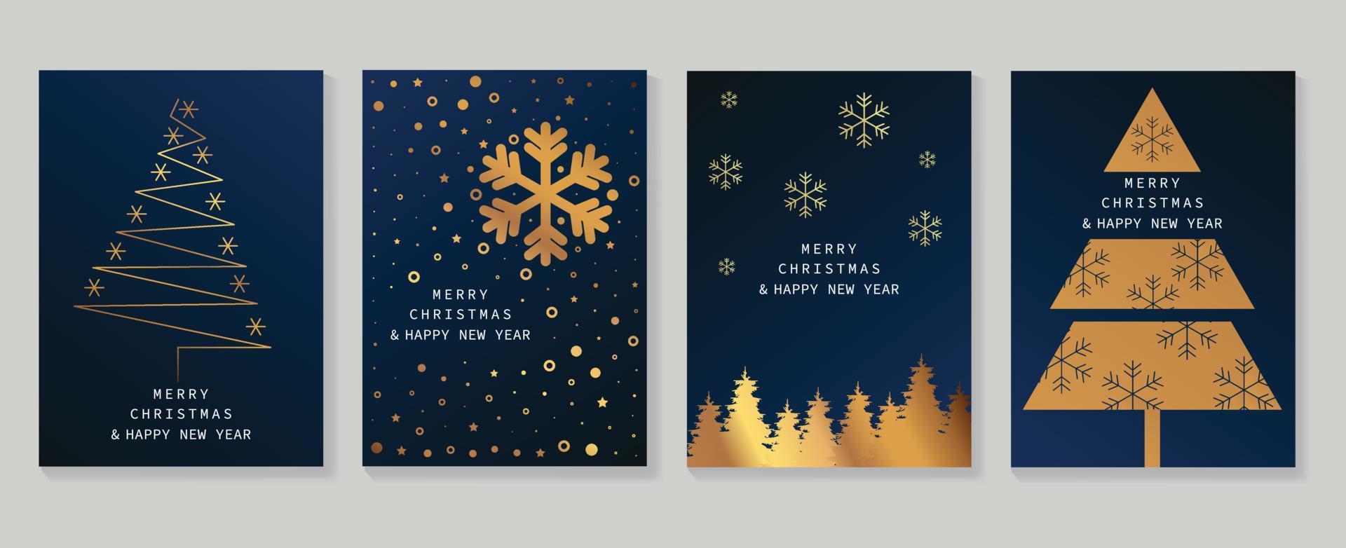 Luxury christmas and happy new year holiday cover template vector set. Decorated gradient gold christmas tree with snowflakes. Design illustration for card, corporate, greeting, wallpaper, poster.