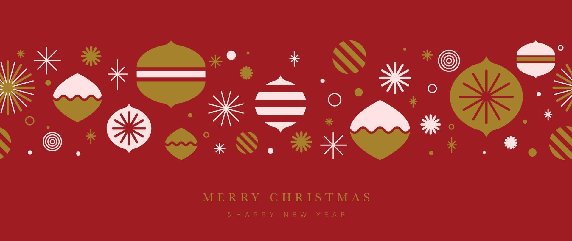 Merry christmas and happy new year concept background vector. Decorative bauble ball, sparkle, star horizontal seamless pattern on red background. Design for wallpaper, card, cover, poster, banner. vector