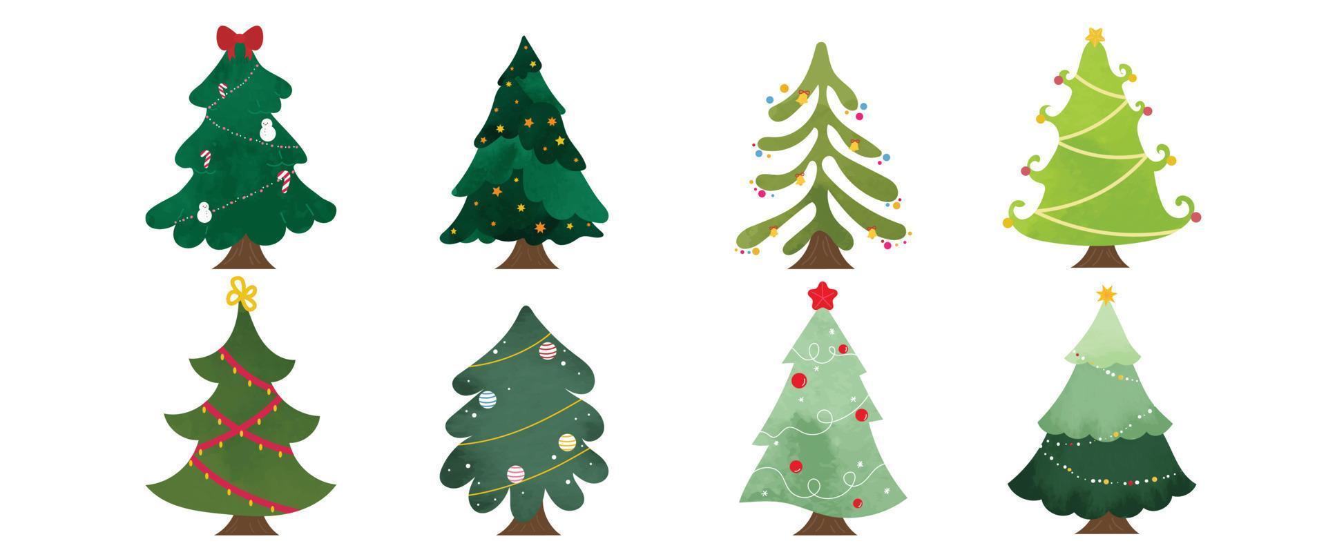 conjunto de ilustración de vector de árbol de Navidad acuarela. colección de lindos árboles de navidad decorativos dibujados a mano aislados en fondo blanco. diseño para pegatinas, decoración, tarjetas, afiches, obras de arte.