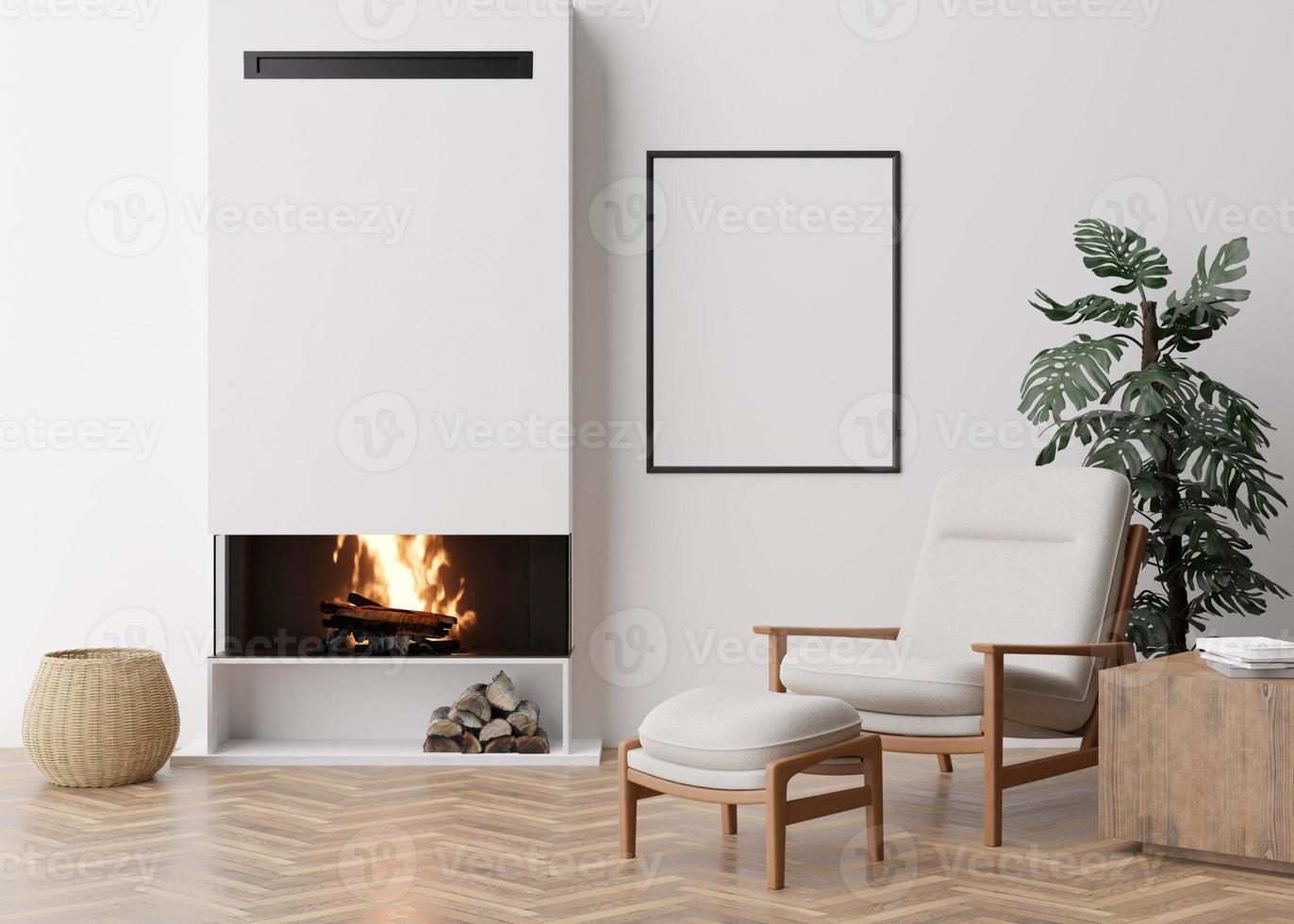 marco de imagen vertical vacío en la pared blanca en la sala de estar moderna. maqueta interior en estilo contemporáneo. espacio libre para imagen, póster. butaca, chimenea, planta monstera. representación 3d foto