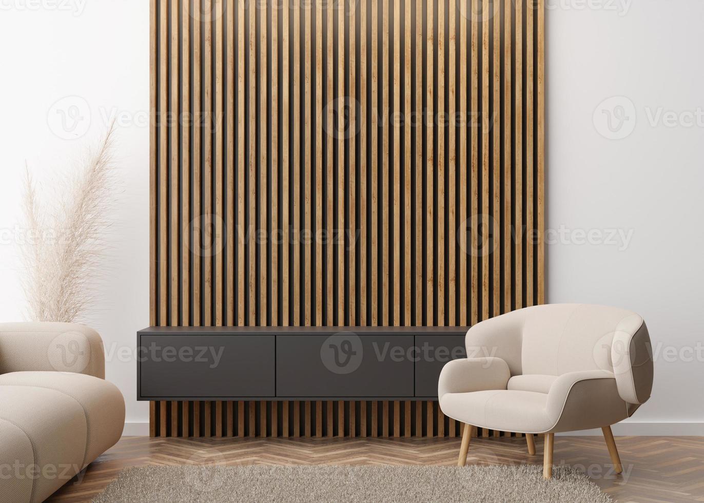 pared de madera decorativa vacía en la sala de estar moderna. interior  simulado en estilo minimalista