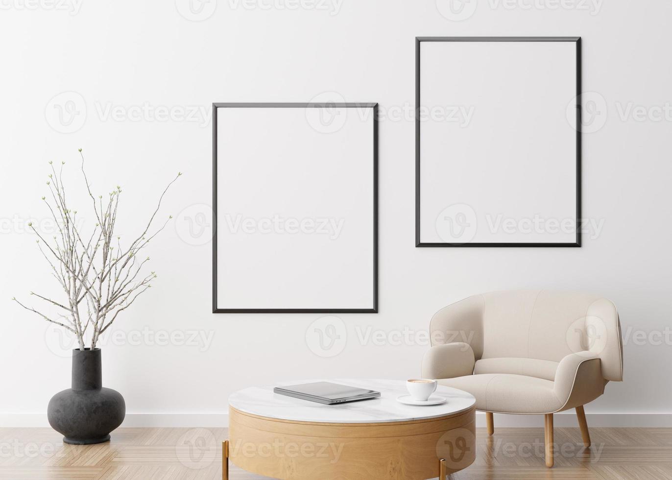 Two empty vertical picture frames on white wall in modern living room. Mock up interior in contemporary style. Free space for picture, poster. Armchair, table, vase. 3D rendering. photo