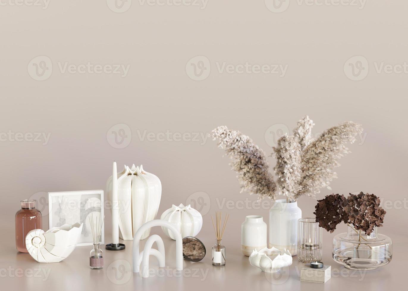 Home accessories on beige background and copy space for your advertisement text or logo. Home decor store, interior details sale. Template with free space. Pampas grass, vase, candle. 3d rendering. photo