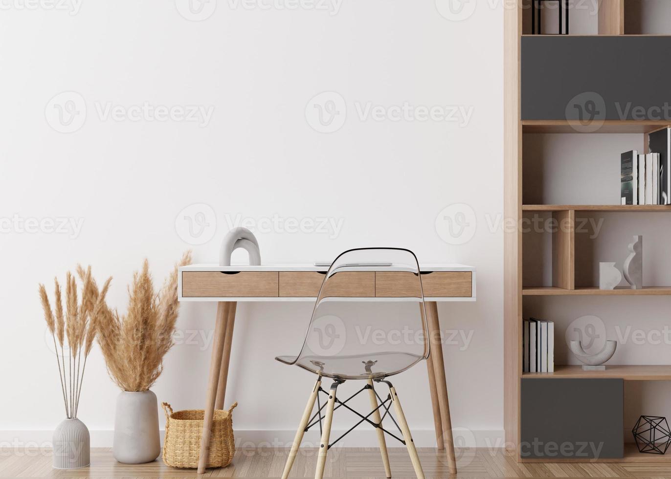 Empty white wall in modern home office. Mock up interior in scandinavian, boho style. Free space, copy space for your picture, poster. Desk, chair, pampas grass, rattan basket. 3D rendering. photo