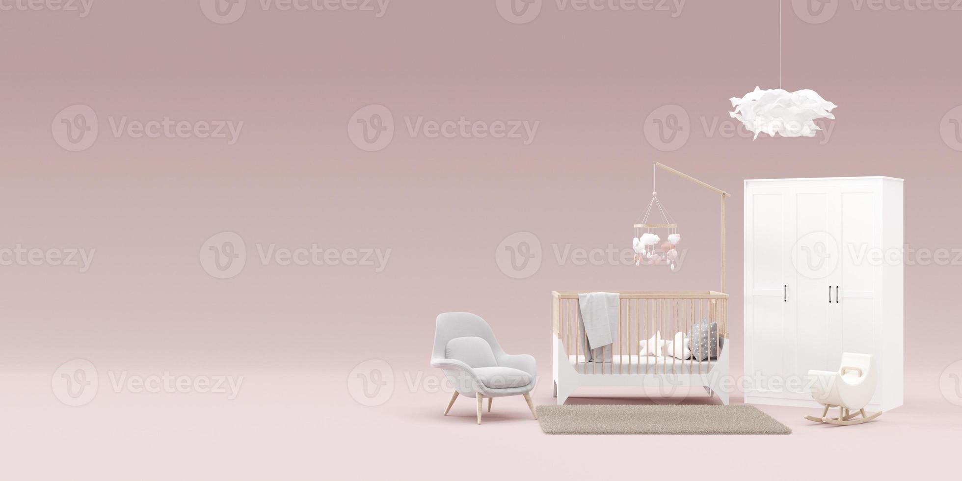 Banner with modern child room furniture and copy space for your advertisement text or logo. Furniture store, interior details. Furnishings sale, interior project. Template with free space. 3d render. photo