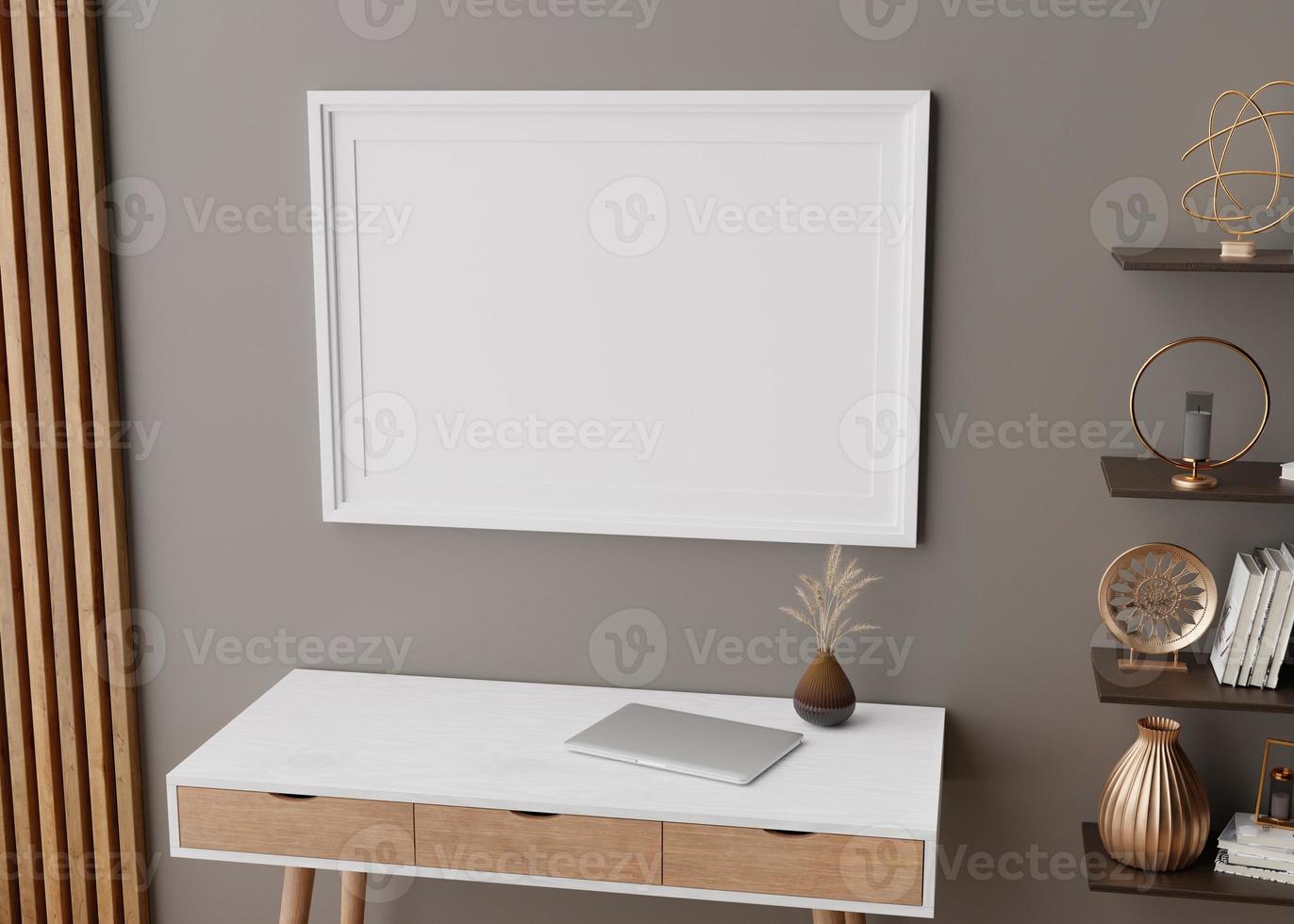 Empty picture frame on brown wall in modern home office. Mock up interior in scandinavian style. Free space, copy space for your picture, text, or another design. Desk, shelf with decor. 3D rendering. photo
