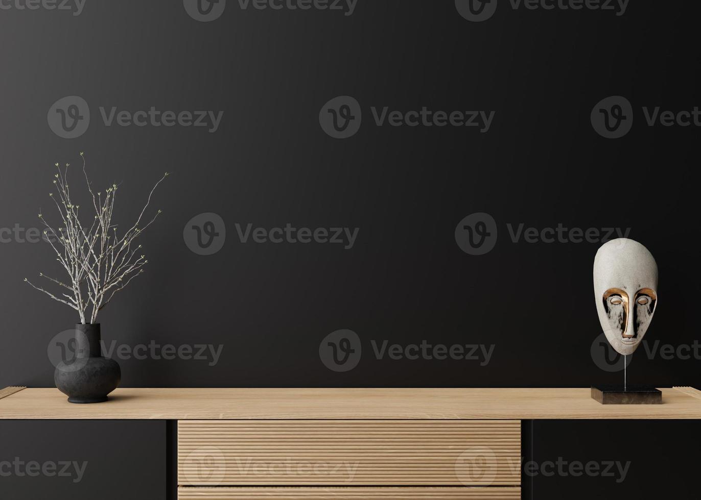 Empty black wall. Mock up interior in contemporary style. Close up view. Free space, copy space for your picture, text, or another design. Sideboard, vase, sculpture. 3D rendering. photo