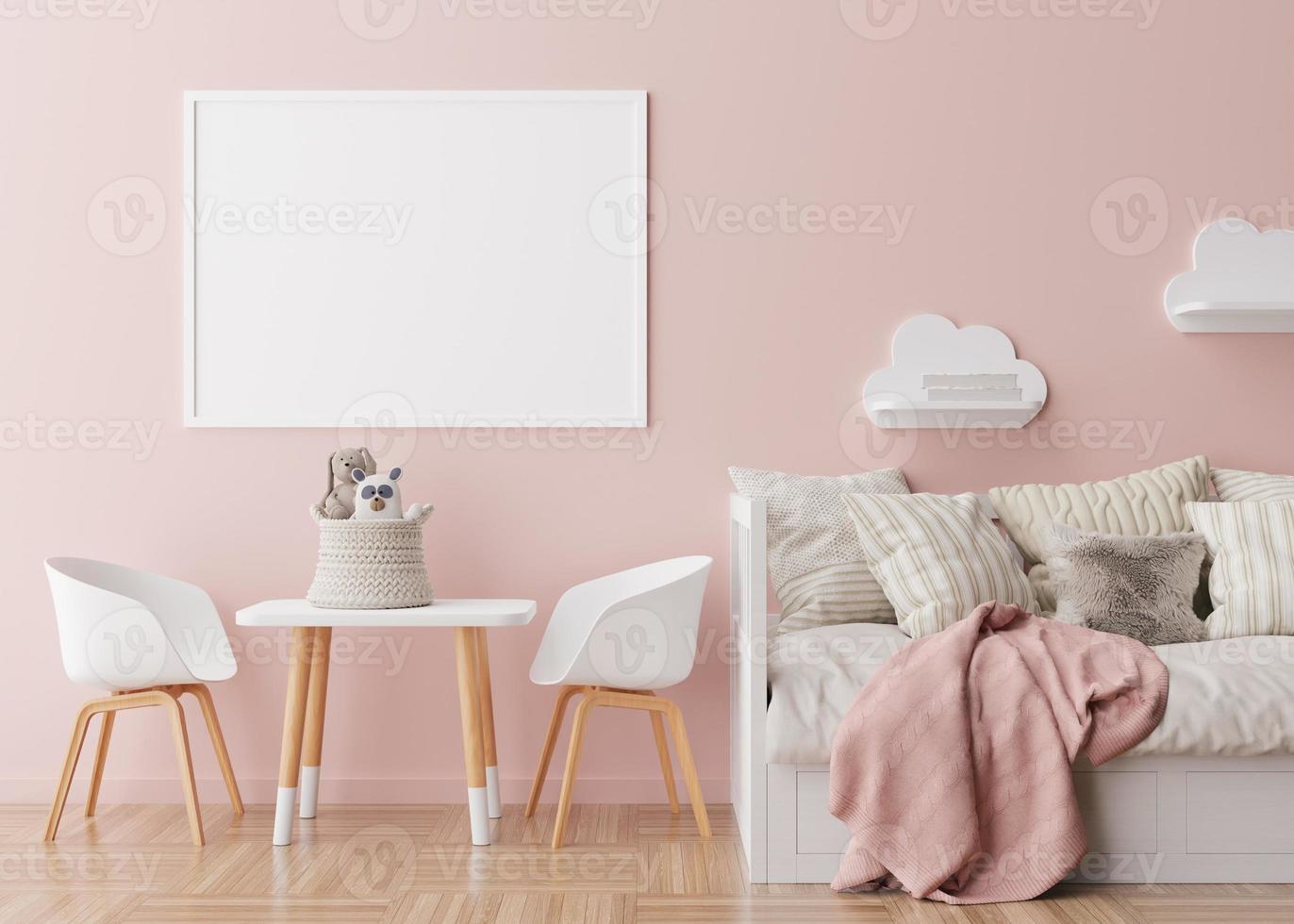 Empty horizontal picture frame on pink wall in modern child room. Mock up interior in scandinavian style. Free, copy space for your picture. Bed, table, chairs, toys. Cozy room for kids. 3D rendering. photo